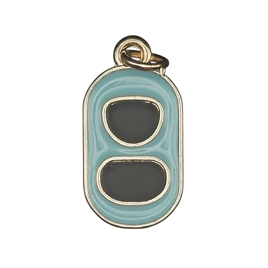 close-up of blue enamel soda can tab charm with gold-tone edges