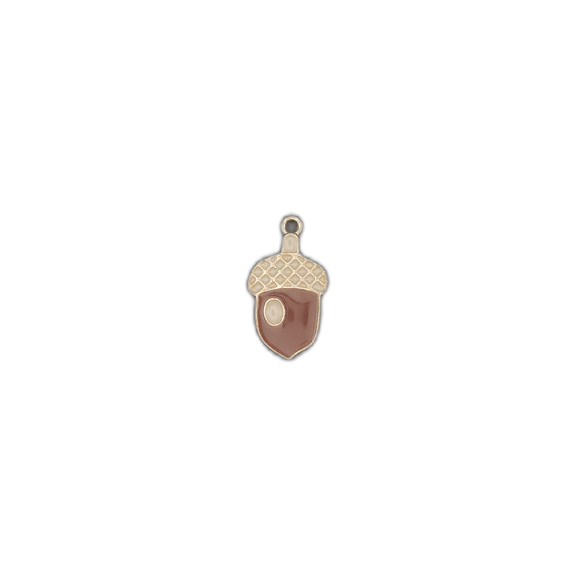 acorn enamel charm centered on black background with ample space around it