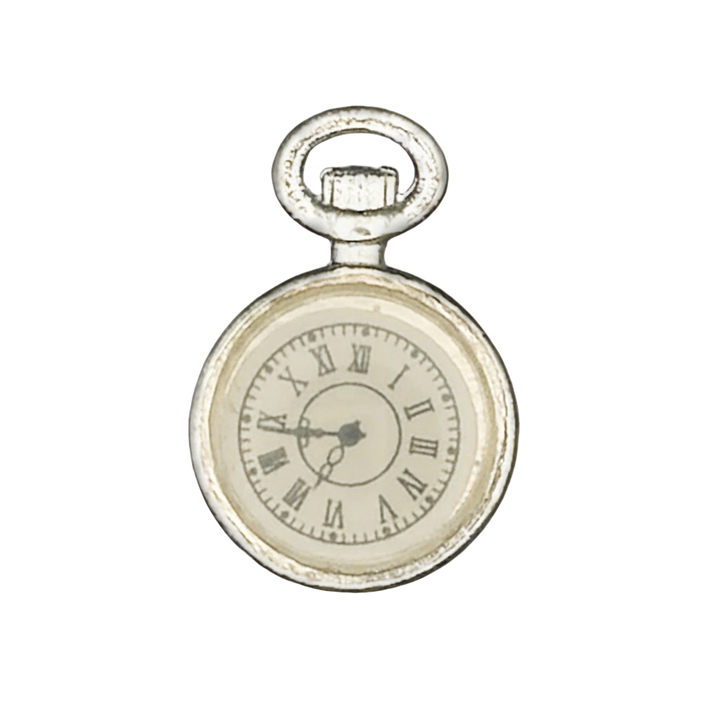 close-up of silver-tone pocket watch charm with Roman numeral dial