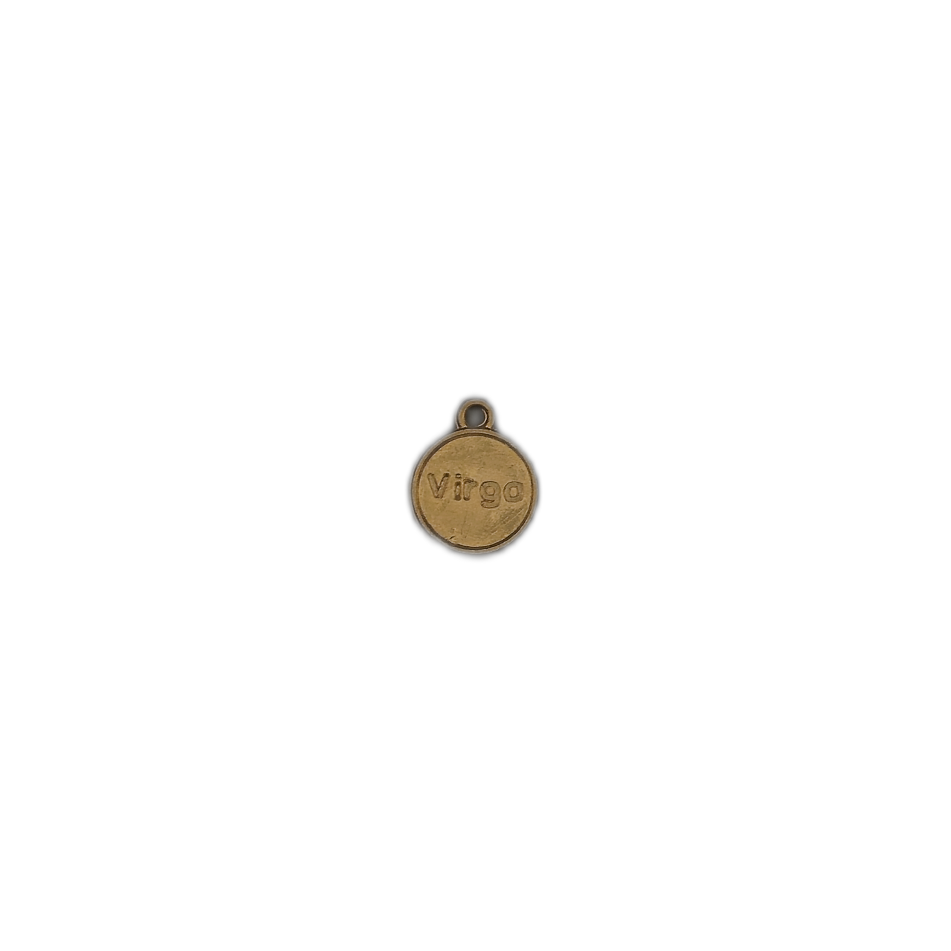 small round gold-tone 'Virgo' charm centered on a black background