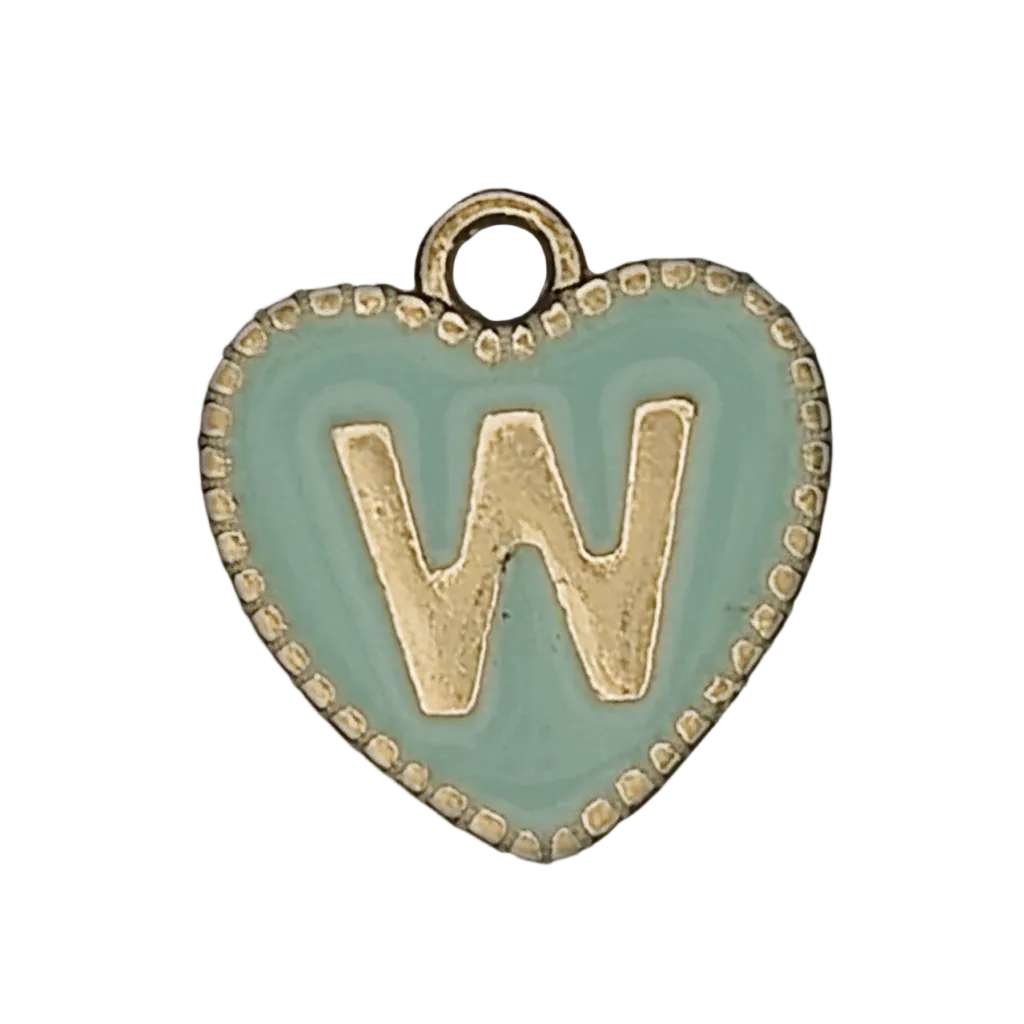 close-up of mint heart charm with gold letter W