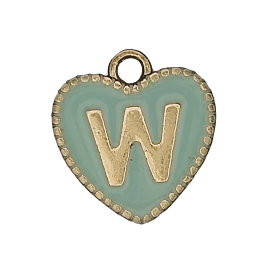 close-up of mint heart charm with gold letter W