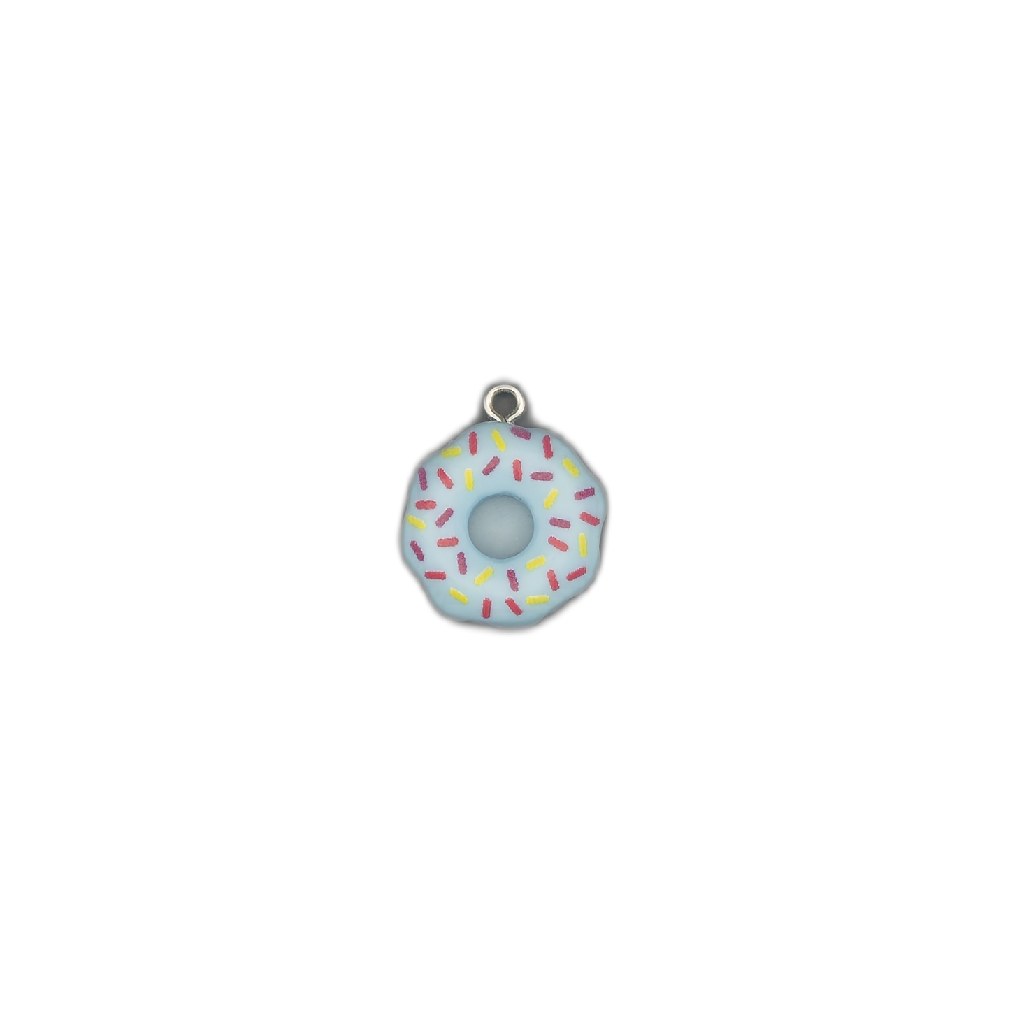 small light blue frosted donut charm centered on black background