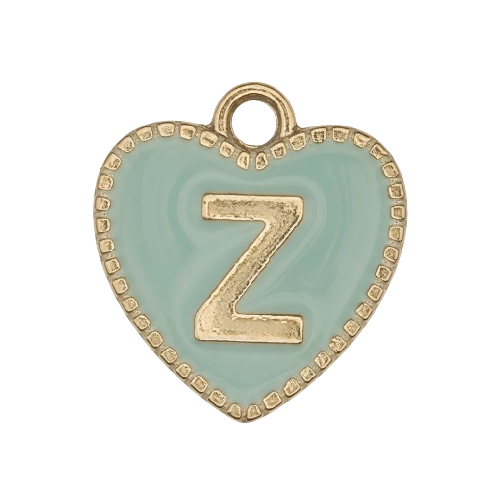 close-up of mint heart charm with gold letter Z