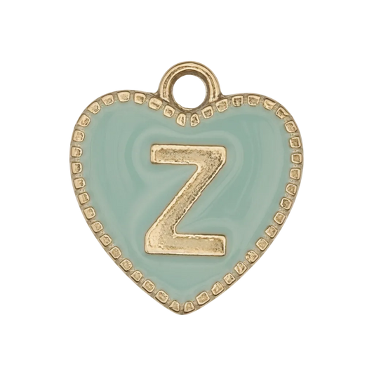 close-up of mint heart charm with gold letter Z
