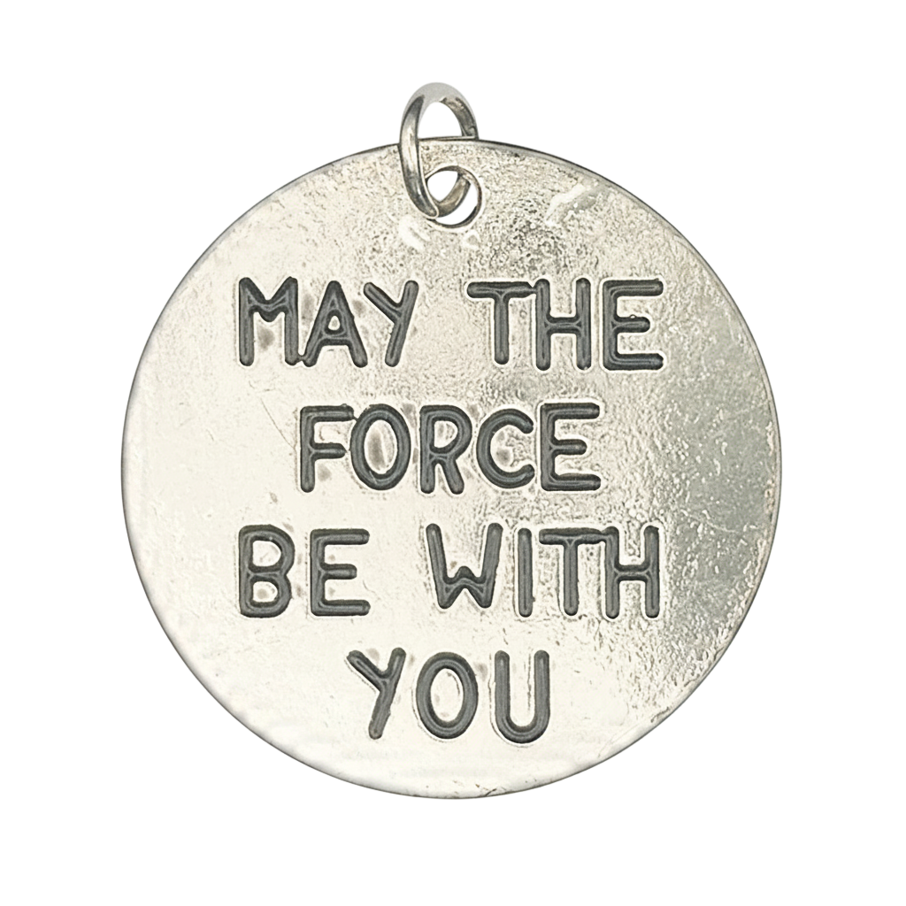 Close-up of round silver disc charm engraved 'MAY THE FORCE BE WITH YOU'.