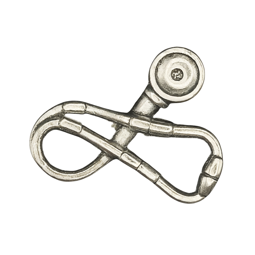 close-up of silver stethoscope-shaped charm on a black background