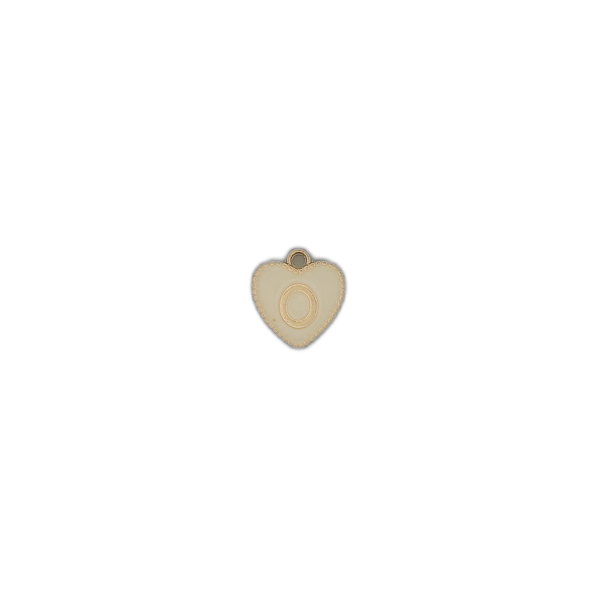 small cream heart charm with gold letter O on black background