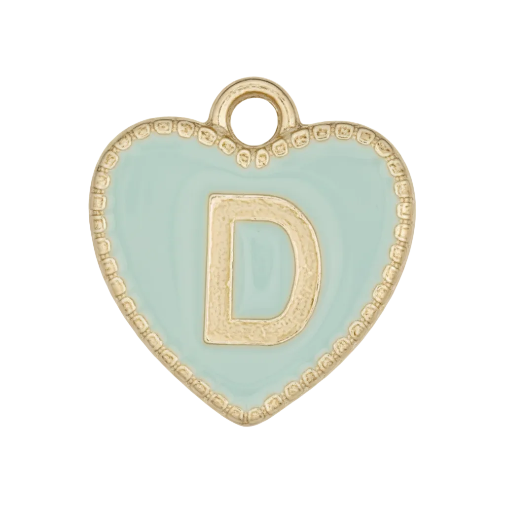 Close-up of a light blue heart charm with a gold letter D.