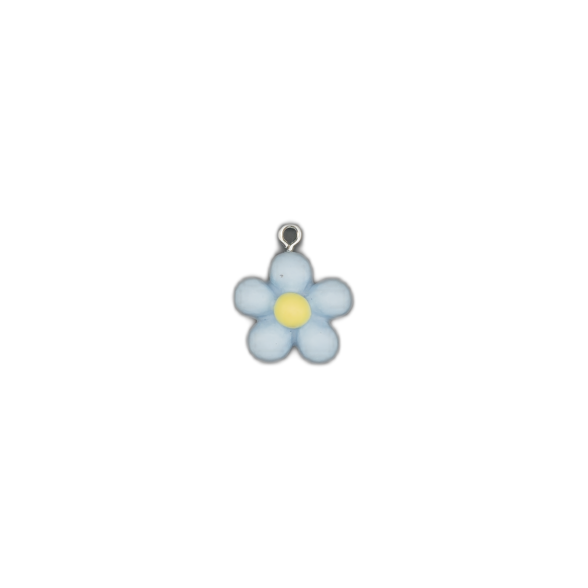 small light blue flower charm with yellow center centered on a black background