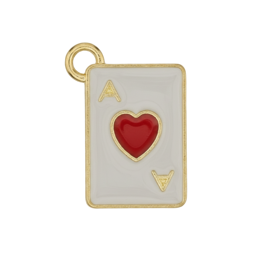 Close-up of an ace of hearts playing card charm in white, red, and gold.