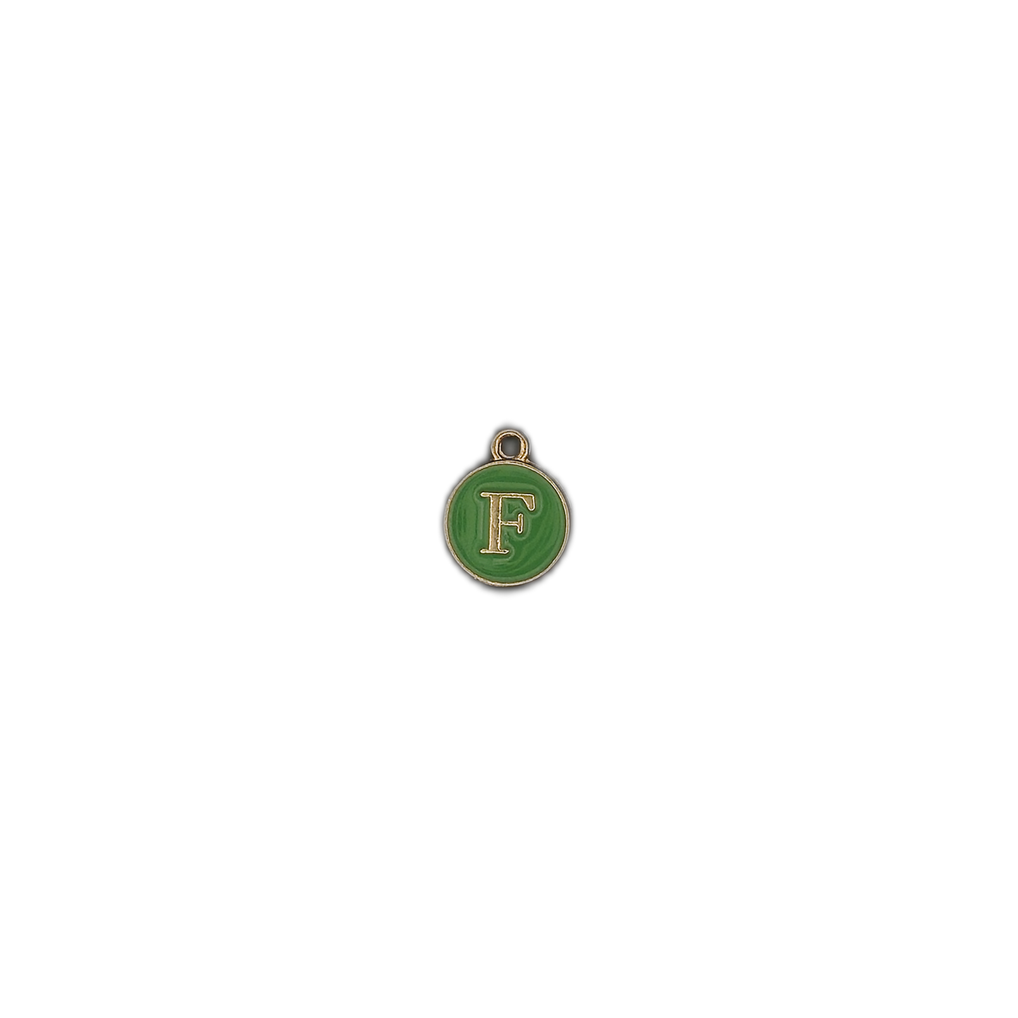 small round green initial F charm centered on black background