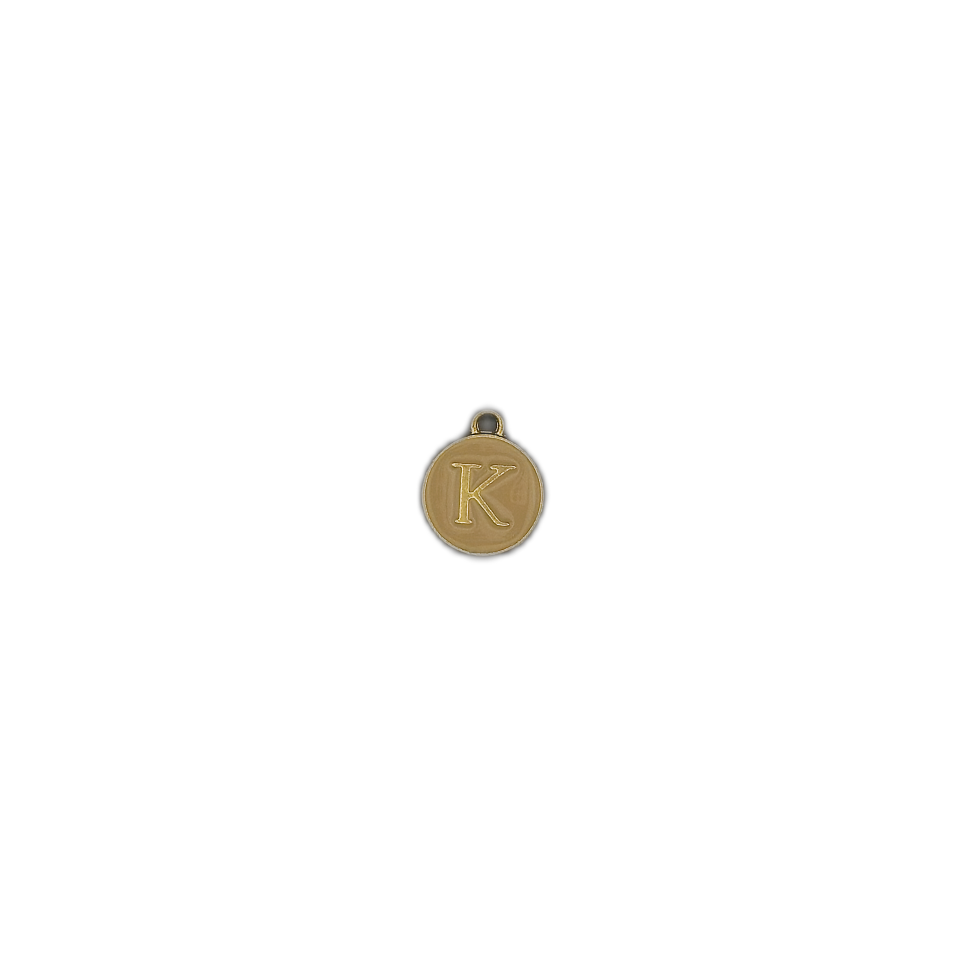 small round gold initial K charm centered on a black background