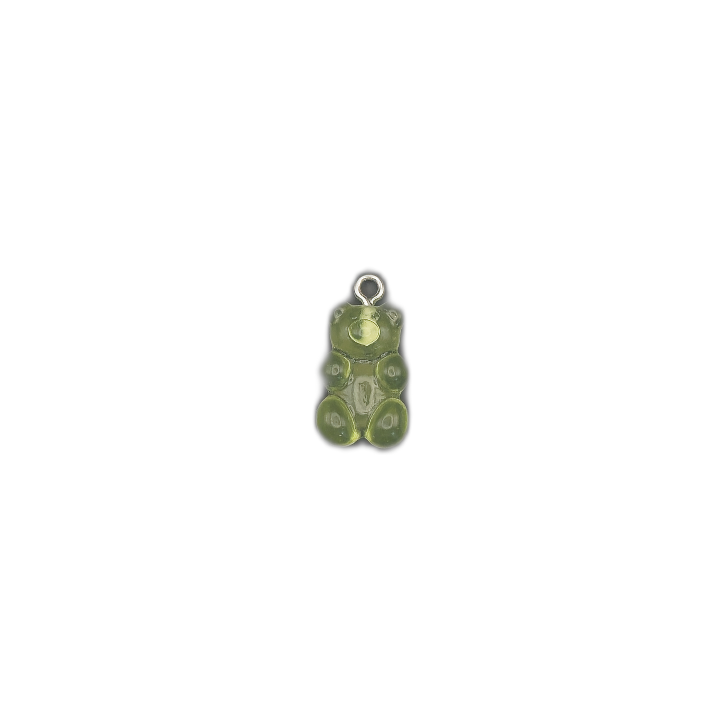 small translucent green gummy bear charm centered on black background