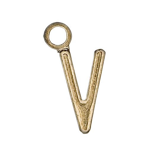 close-up of gold-tone lowercase v charm on black background