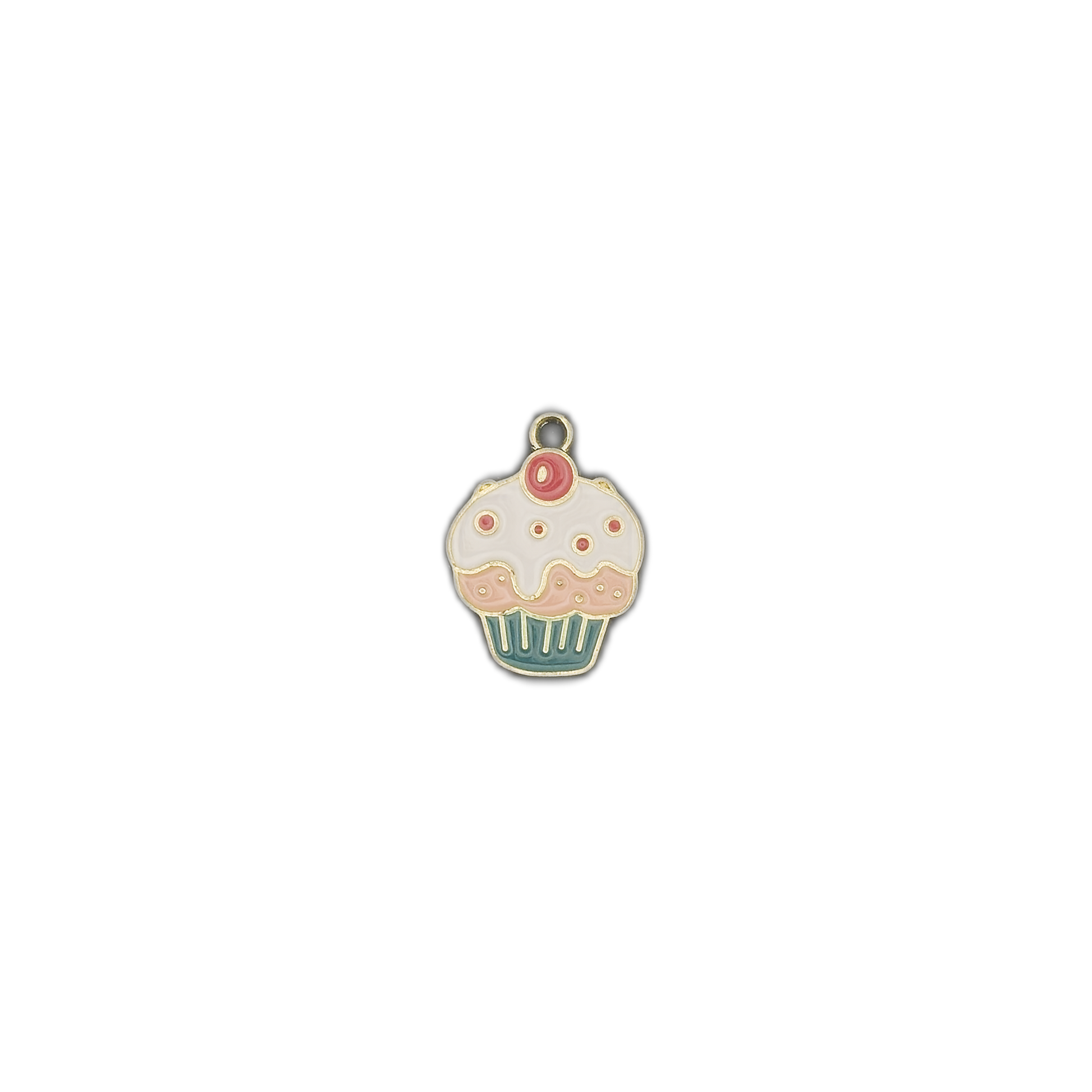 small cupcake-shaped enamel charm centered on black background