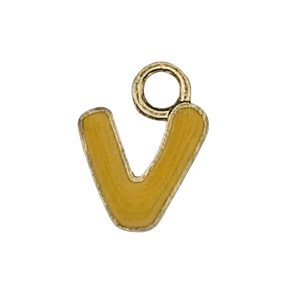 close-up of a small gold-tone lowercase letter v charm with yellow enamel on a black background