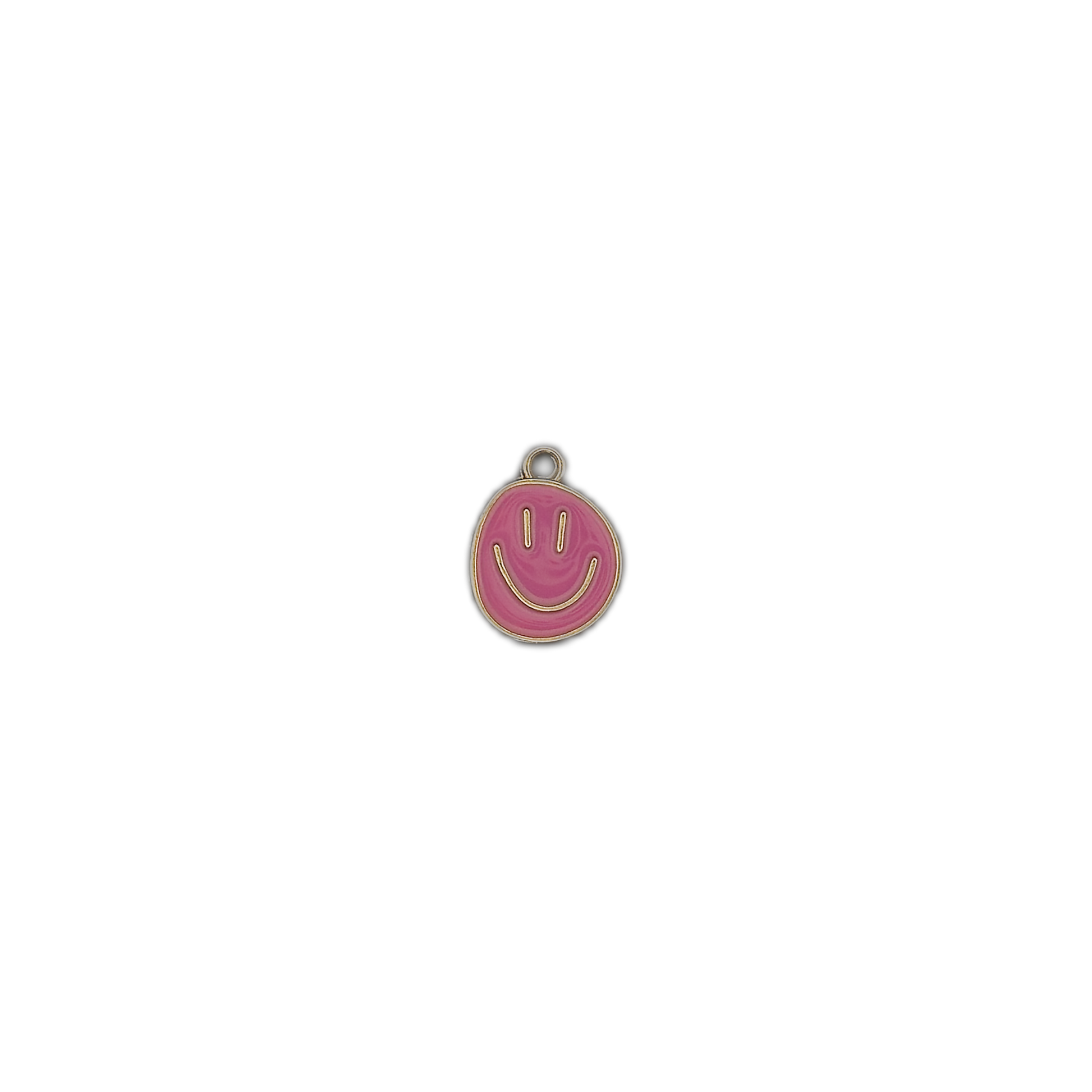 Pink smiley face charm centered on a black background.
