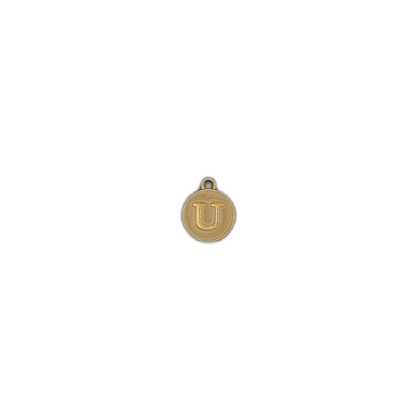 Small round gold-tone letter U charm centered on a black background.