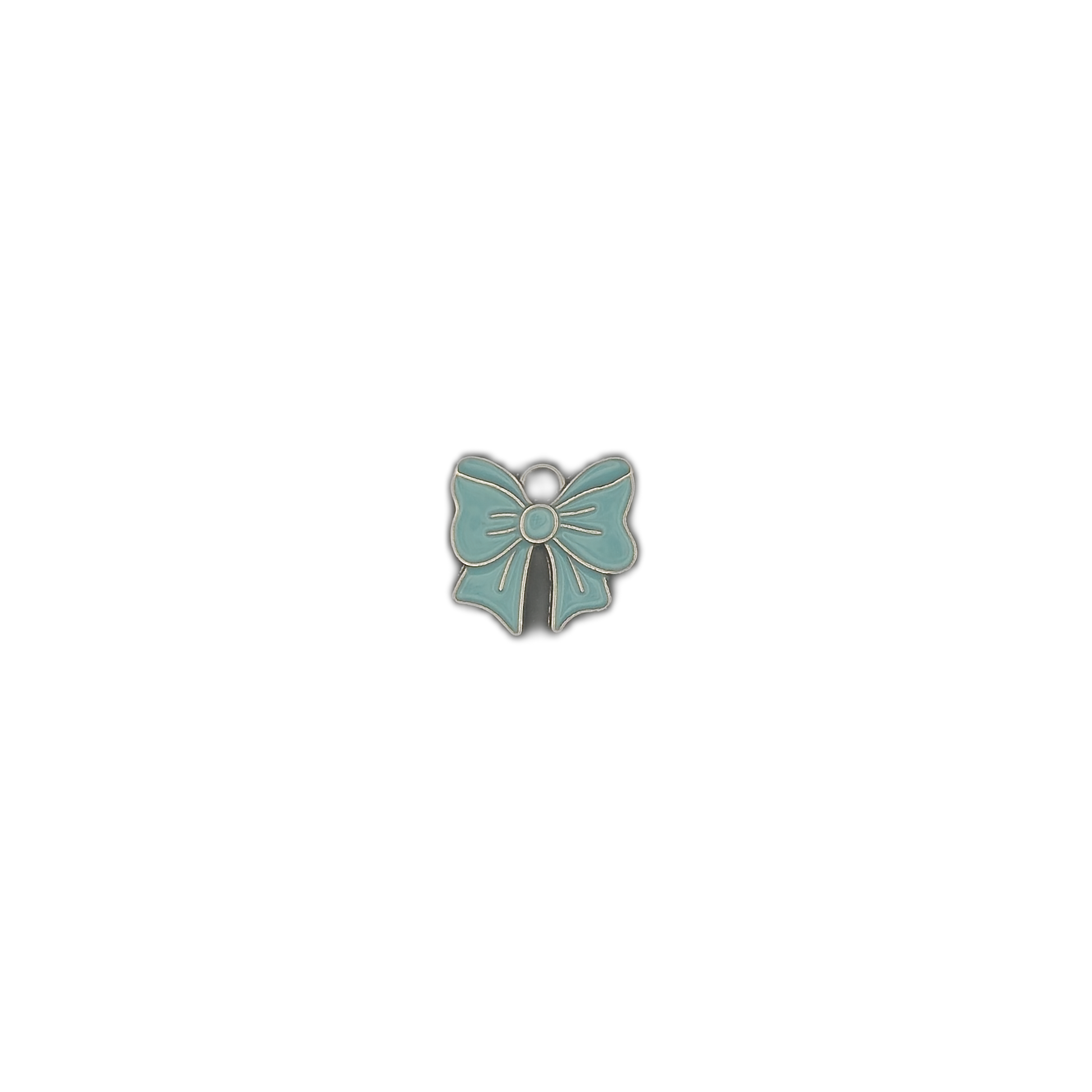 small teal enamel bow charm centered on black background