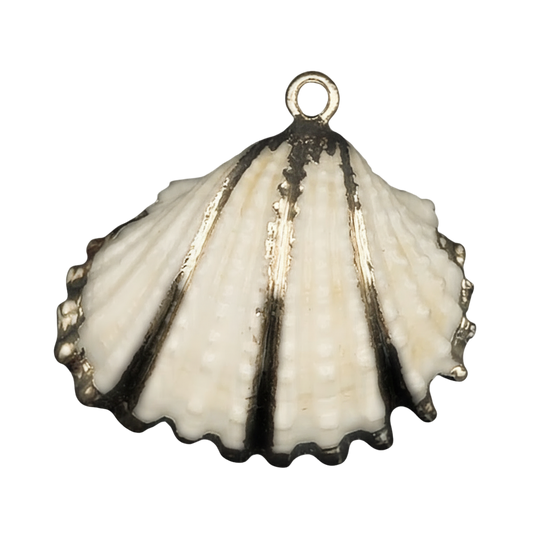 Close-up of a white and gold scallop shell charm on a black background.