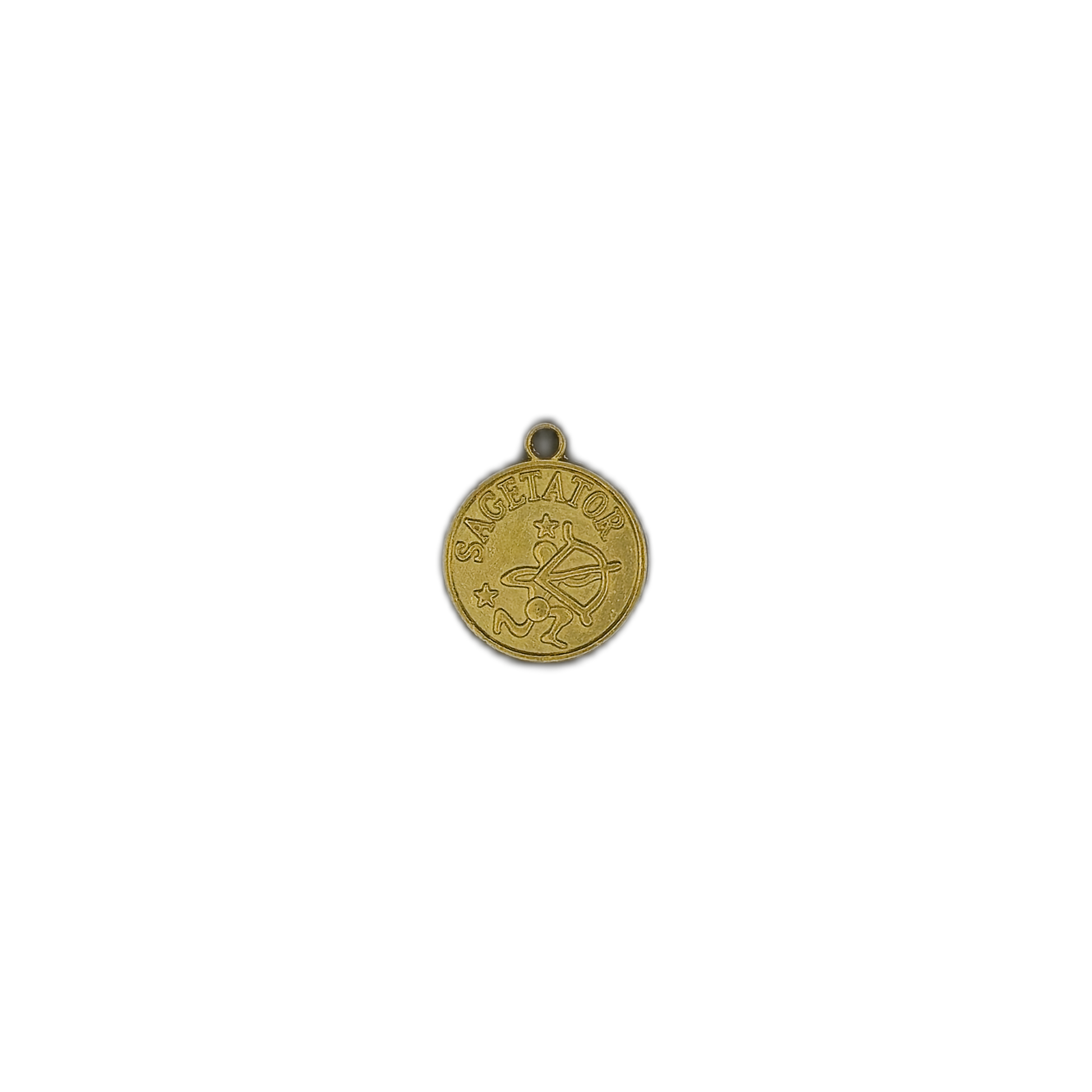 small gold-tone sagittarius coin charm on black background