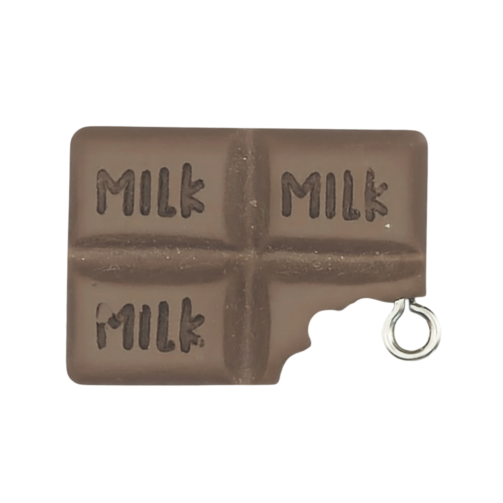 close-up of small milk chocolate bar charm with four squares and bite mark, brown with 'MILK' text