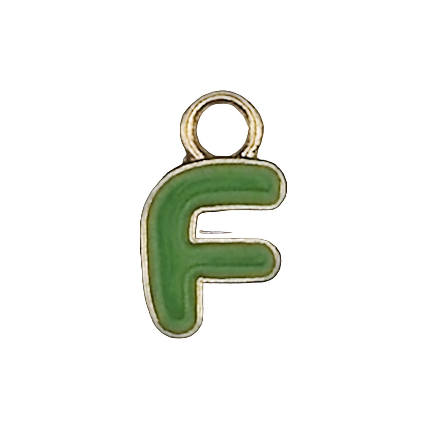 close-up of small green letter F charm with gold outline on black background