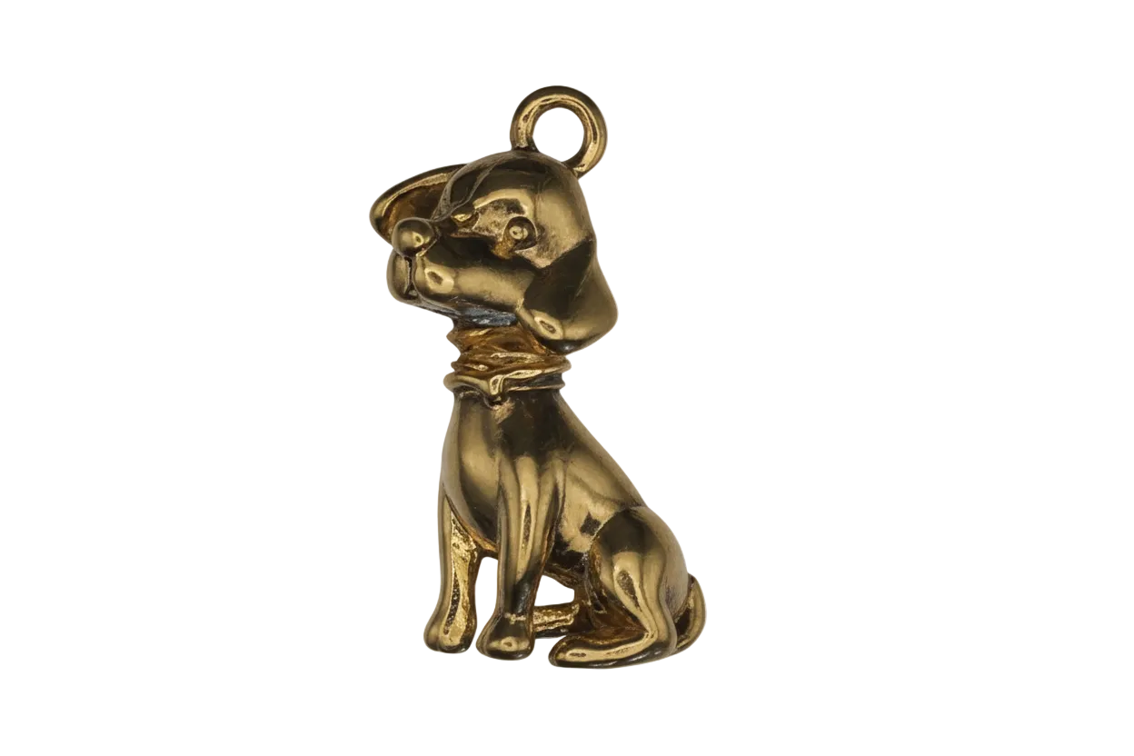 close-up of small gold sitting dog charm