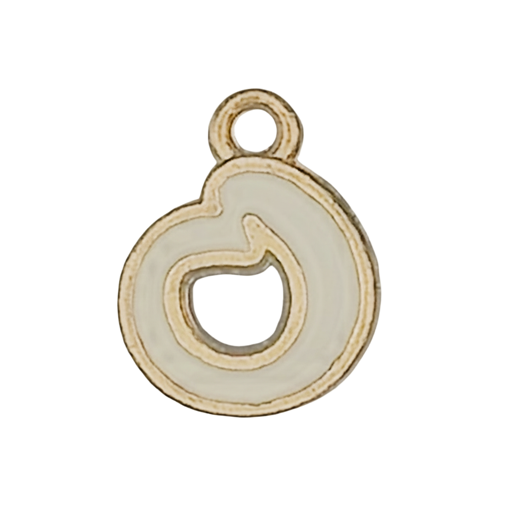 close-up of small white enamel teardrop charm with gold outline