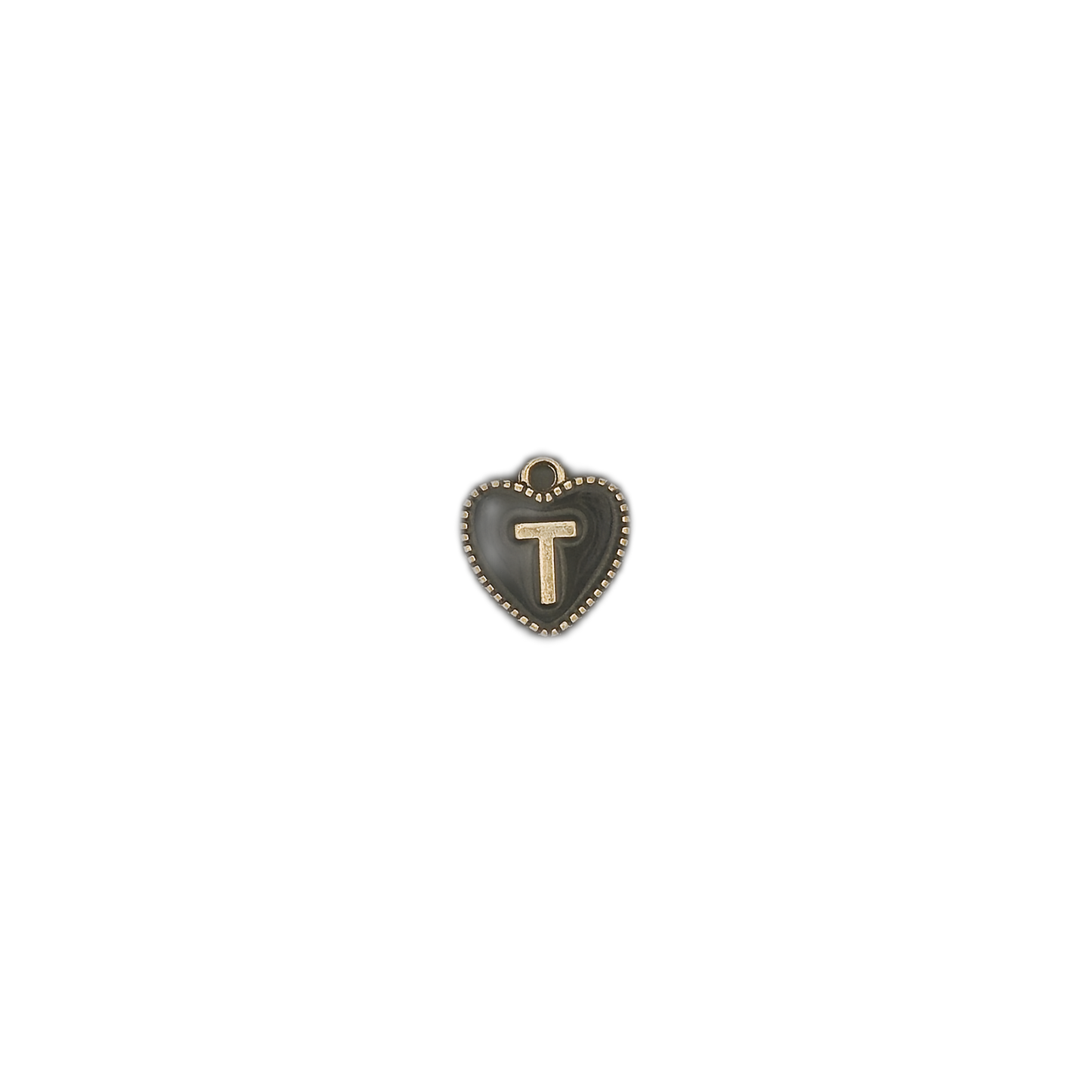 small heart-shaped charm with gold letter T on a black background