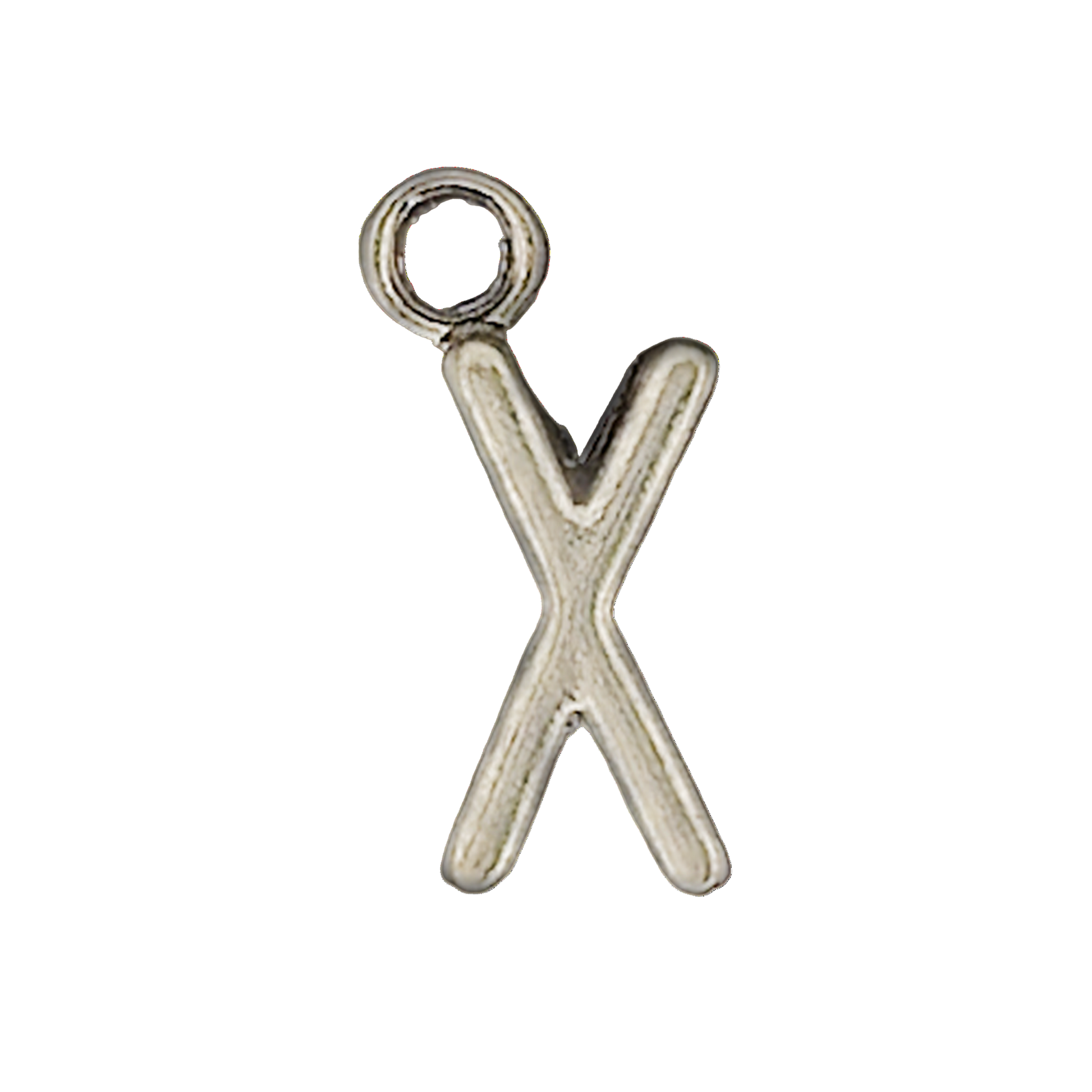 close-up of silver letter X charm on black background