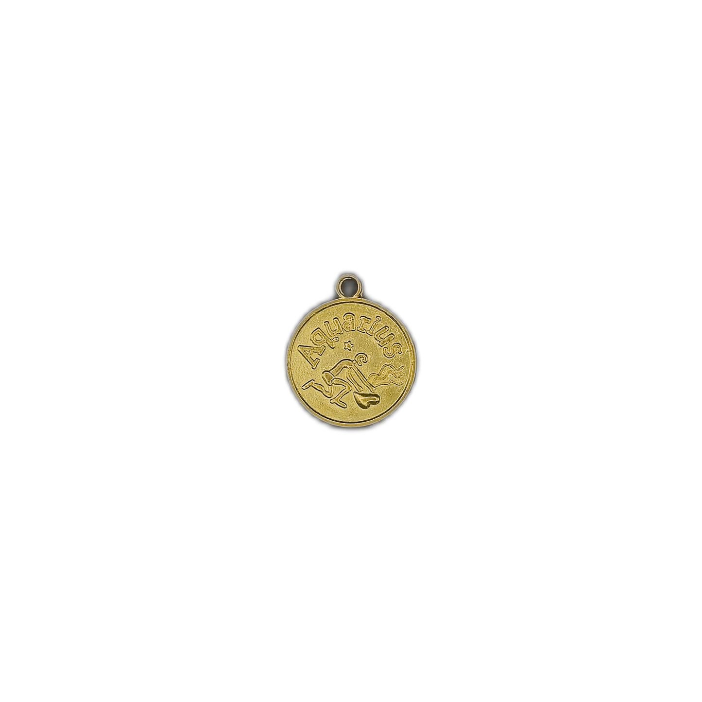 Small gold round Aquarius zodiac charm centered on a black background.