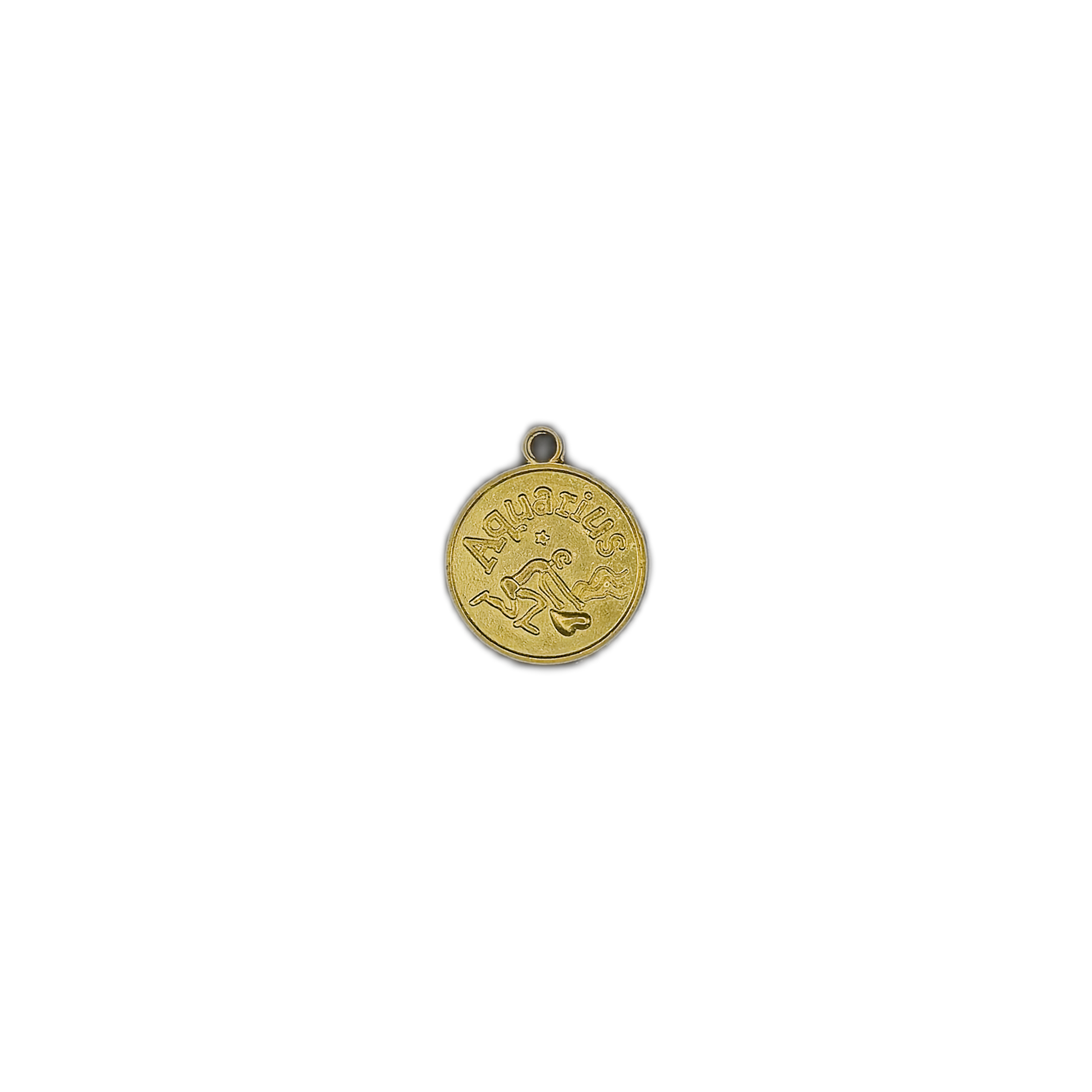 Small gold round Aquarius zodiac charm centered on a black background.