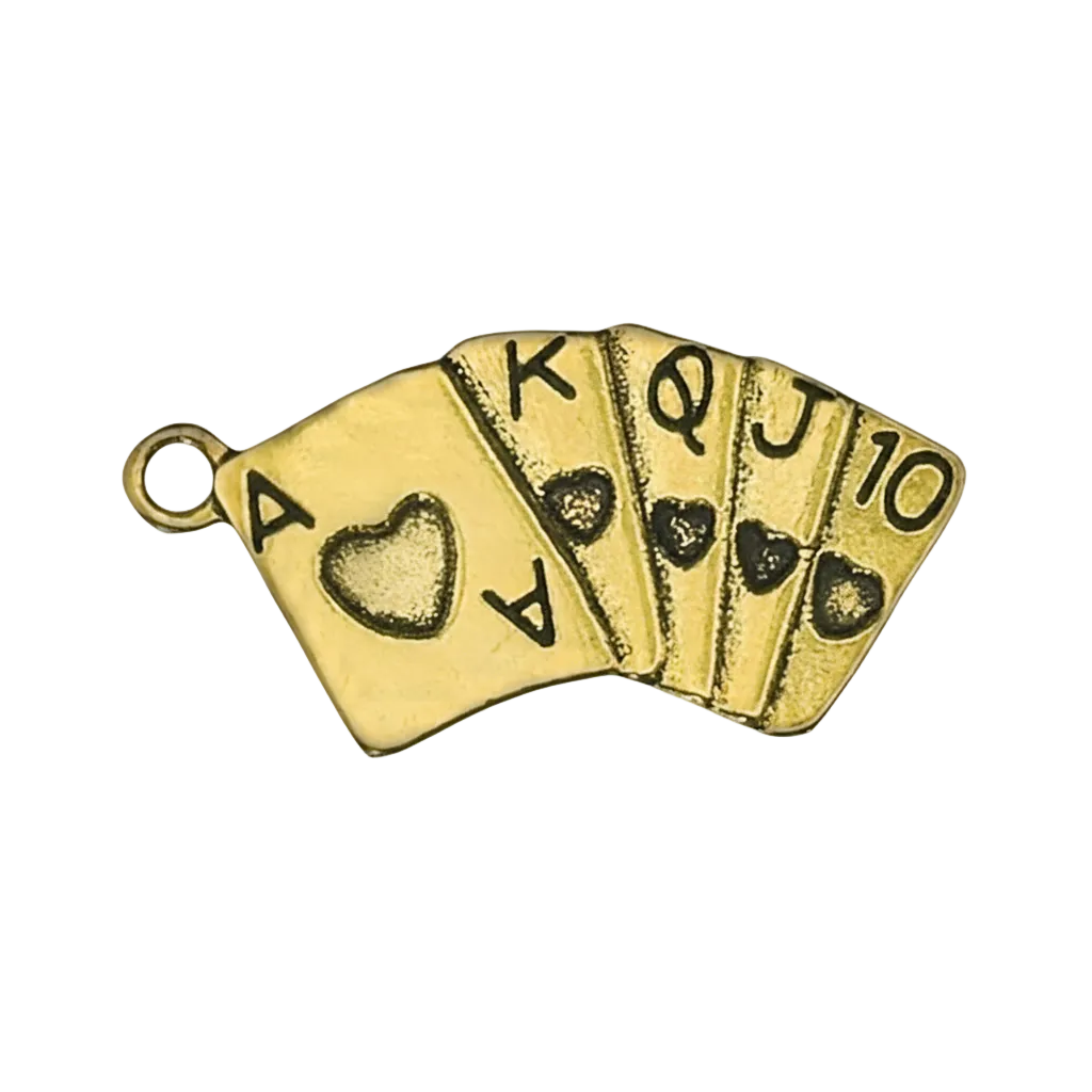 gold-tone charm of fanned playing cards showing hearts A K Q J 10 on a black background