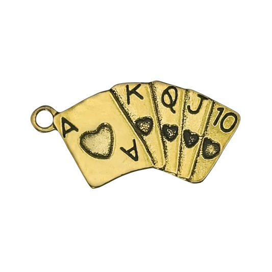 gold-tone charm of fanned playing cards showing hearts A K Q J 10 on a black background