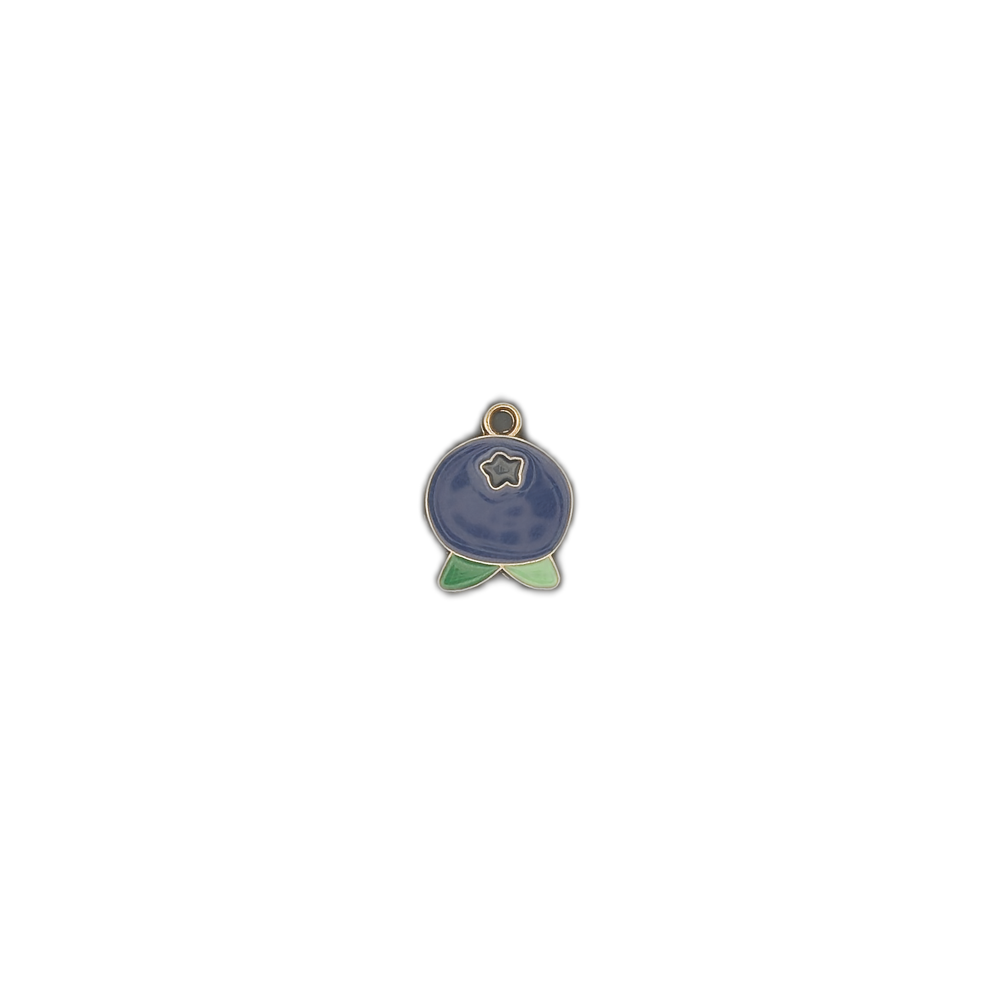 small blueberry enamel charm centered on black background