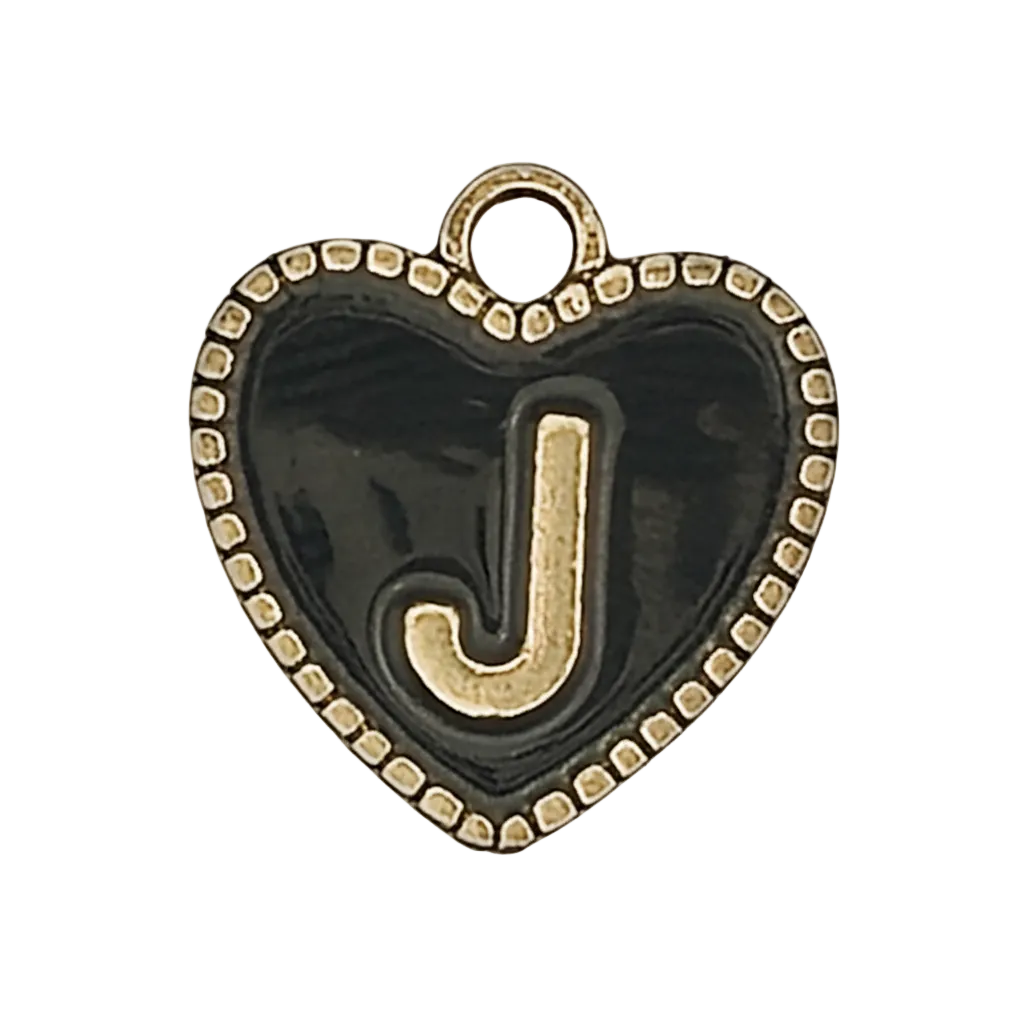 close-up black enamel heart charm with gold letter J and dotted border