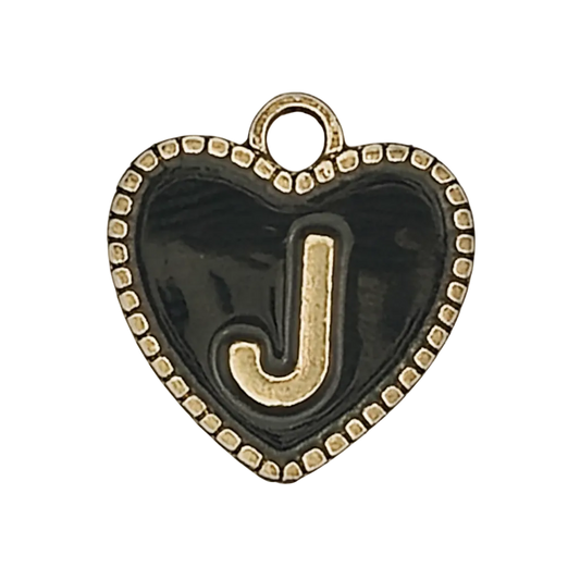 close-up black enamel heart charm with gold letter J and dotted border