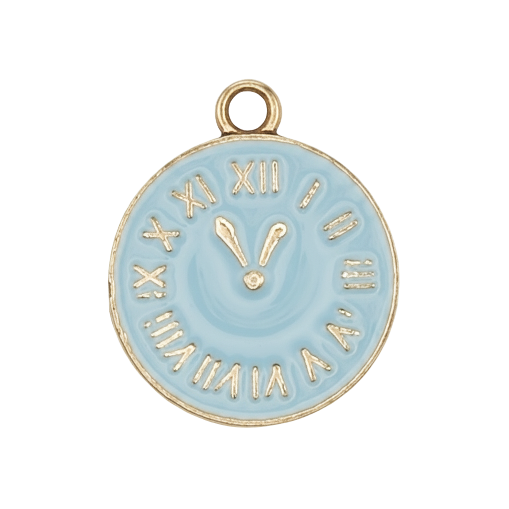 close-up of round light blue enamel clock-face charm with Roman numerals and gold-tone edge