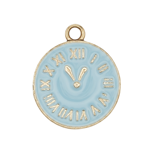 close-up of round light blue enamel clock-face charm with Roman numerals and gold-tone edge