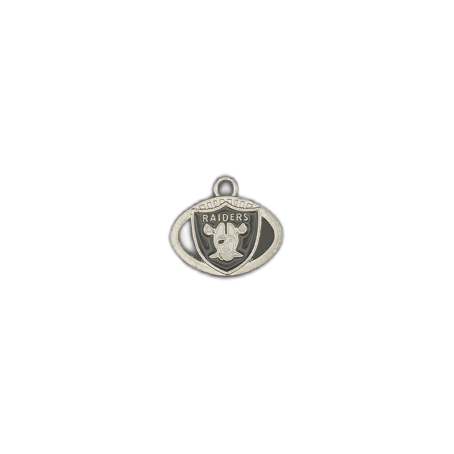 Small silver-tone football-shaped charm with RAIDERS shield on a black background.