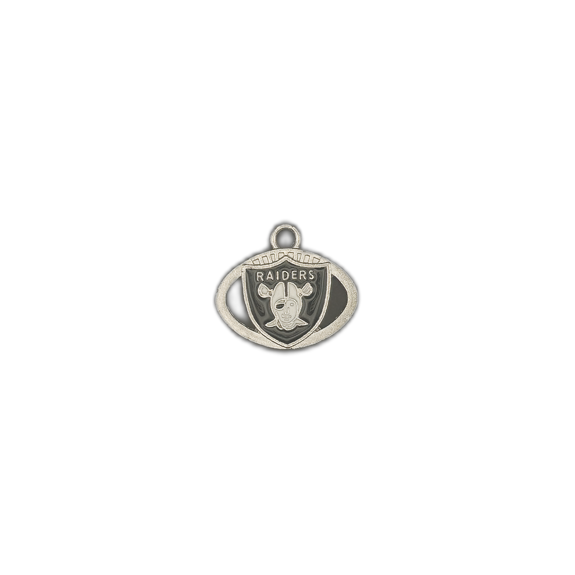 Small silver-tone football-shaped charm with RAIDERS shield on a black background.