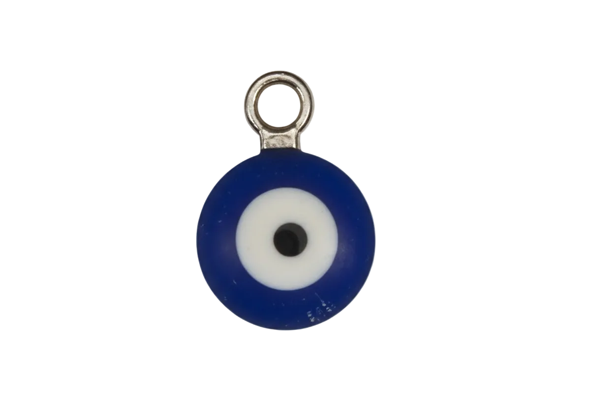 close-up of small blue and white evil eye charm with silver-tone top on black background