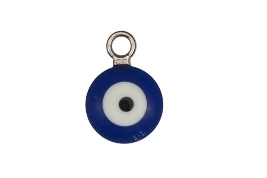 close-up of small blue and white evil eye charm with silver-tone top on black background