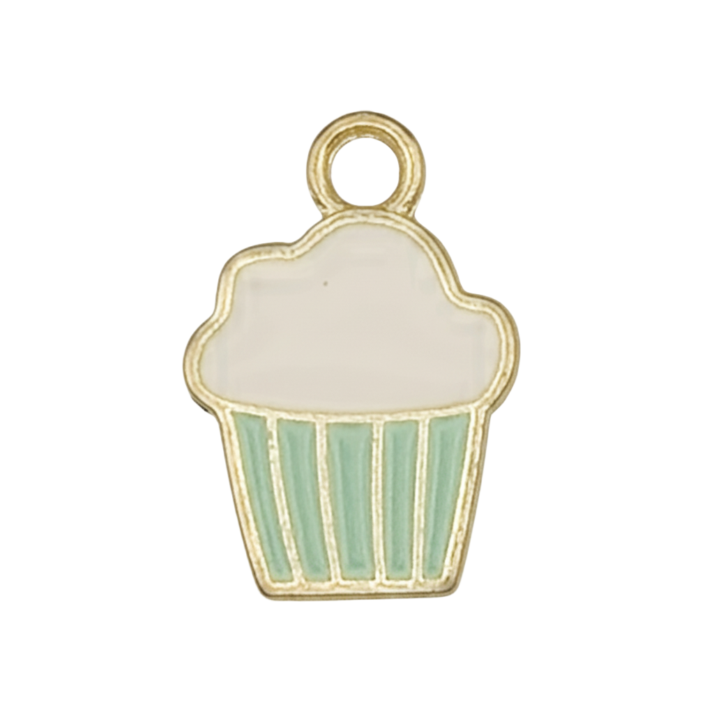 close-up of a gold-trimmed enamel cupcake charm with white frosting and mint green liner