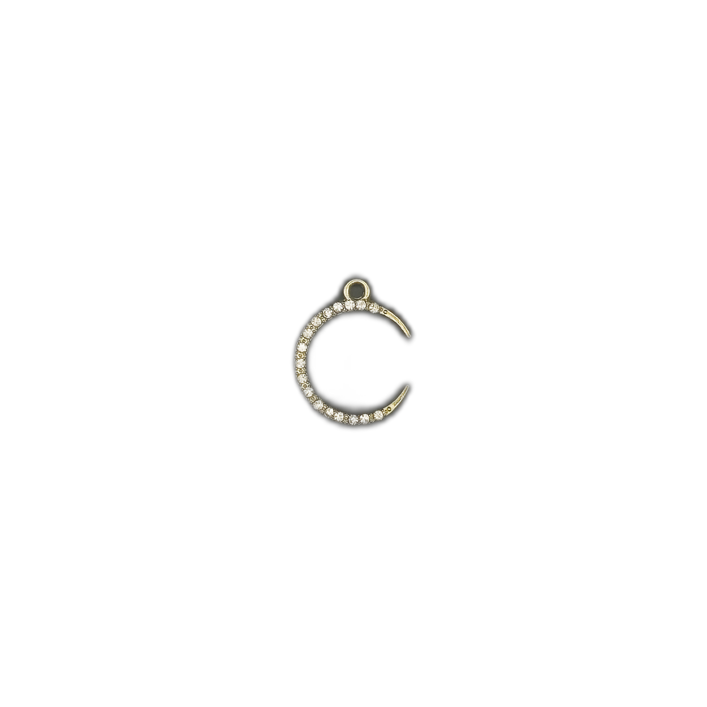 small gold crescent moon charm with clear crystals centered on black