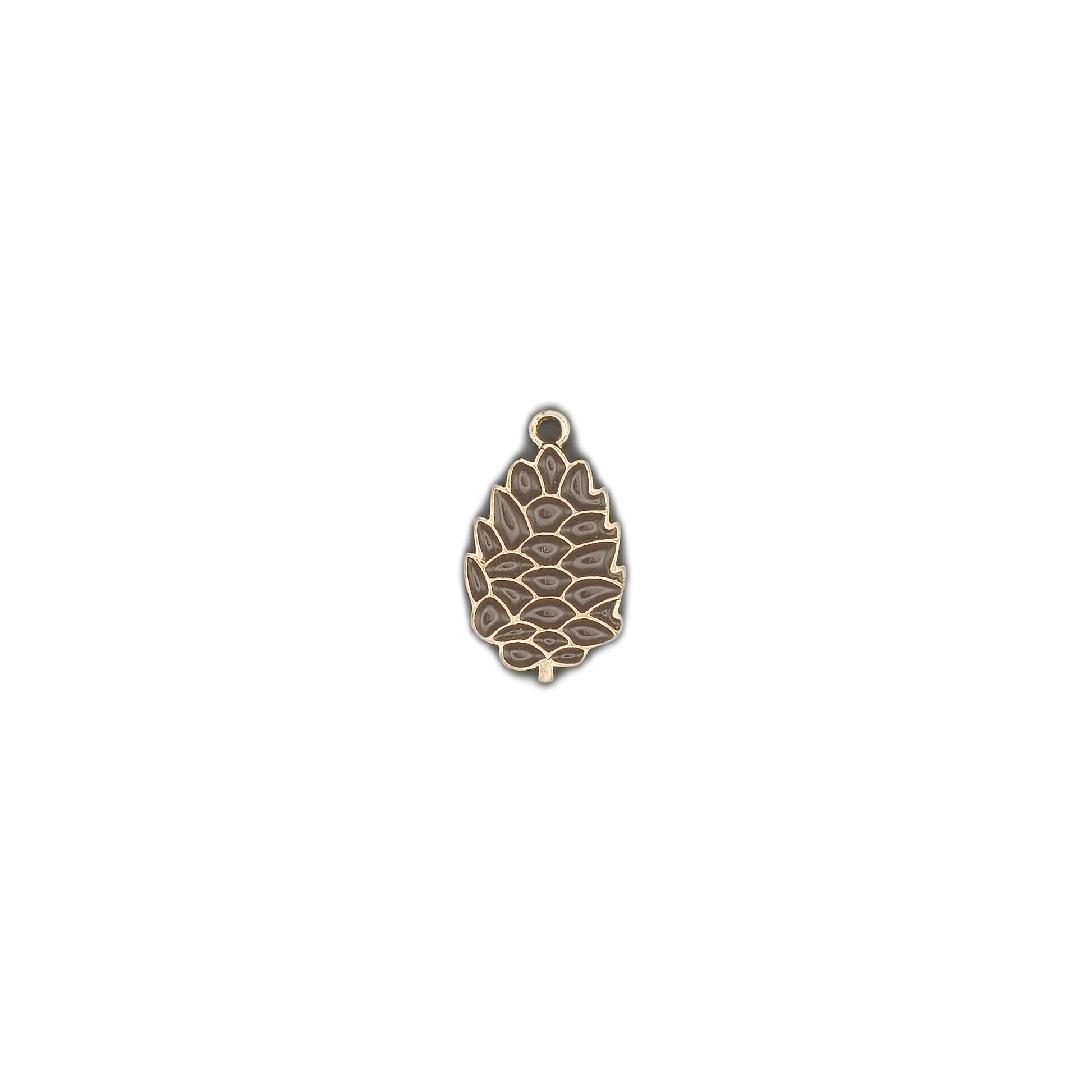 small pine cone charm in gold-tone with brown enamel centered on black background