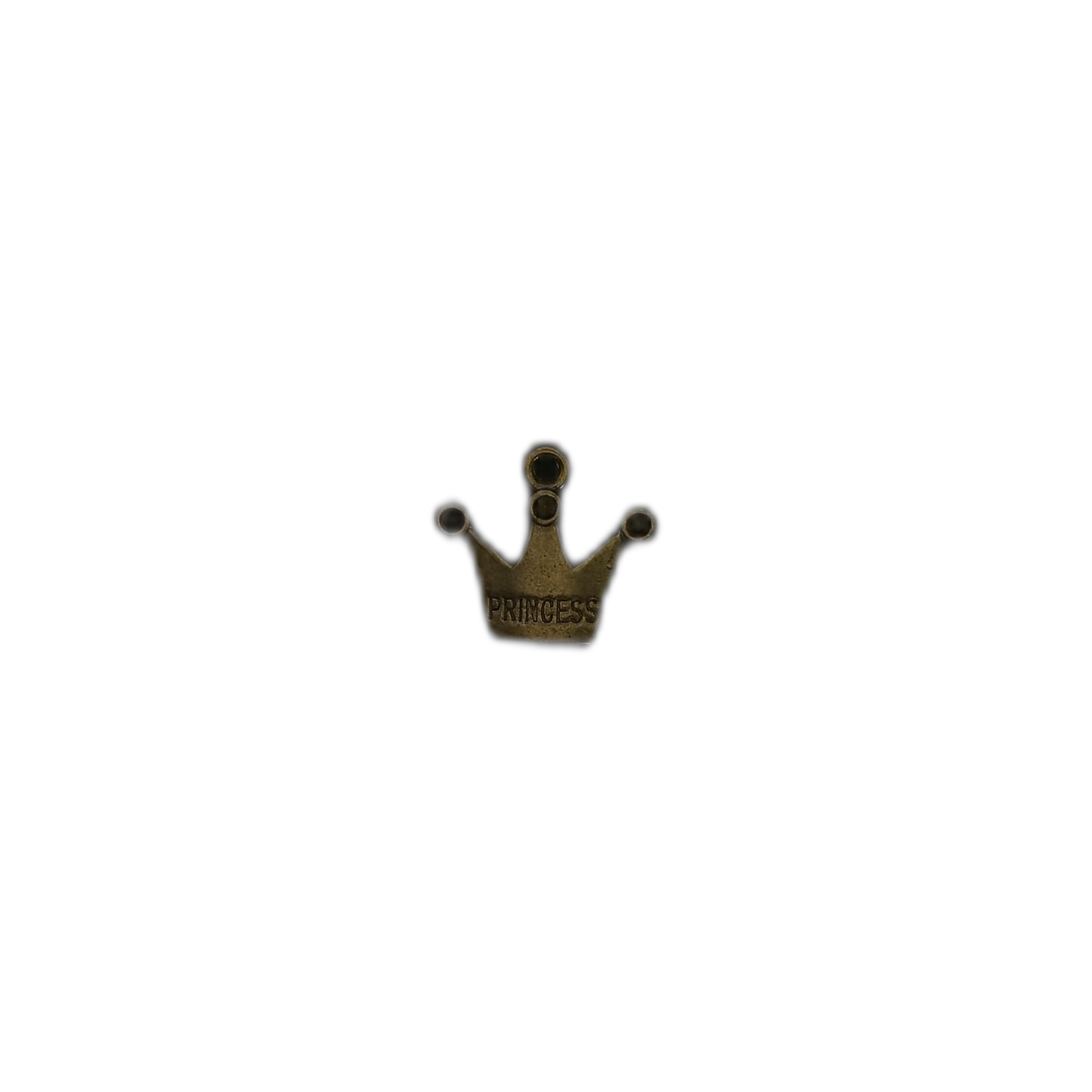 Small brass princess crown charm centered on a black background.