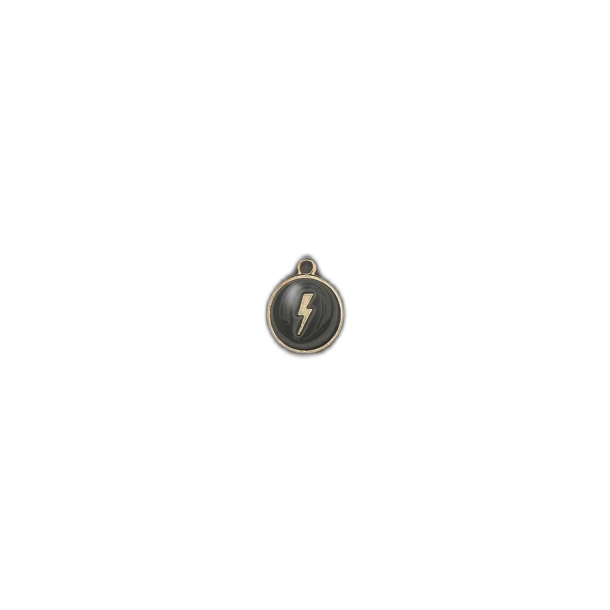 Front view of round charm with a lightning bolt on a black background.